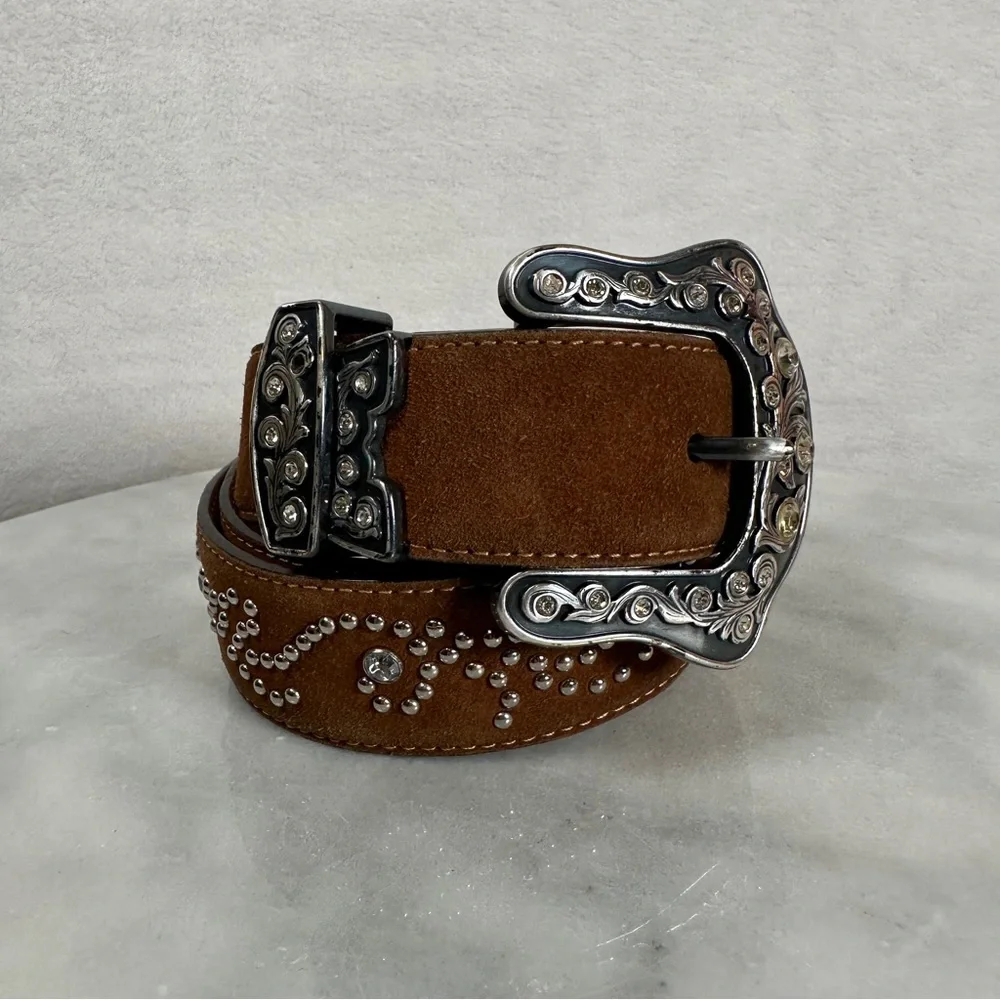 Justin‎ Rhinestone western belt dark brown leather suede silver cowgirl